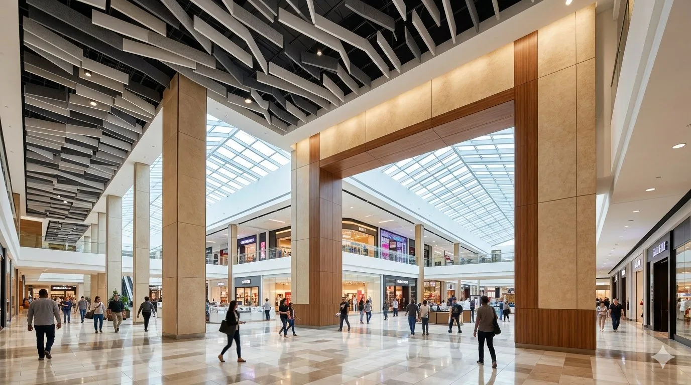 Shopping mall interior with ceiling panels